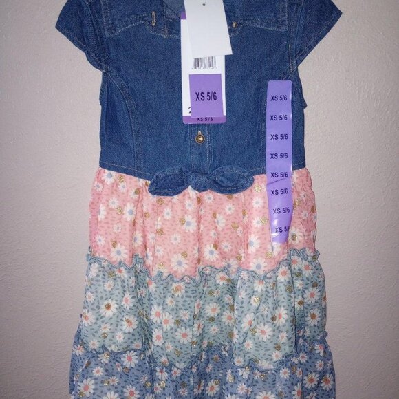 Zunie Girls Size XS 5/6 Tiered Lace Skirt Embroidered Denim Dress NWT - Picture 2 of 5